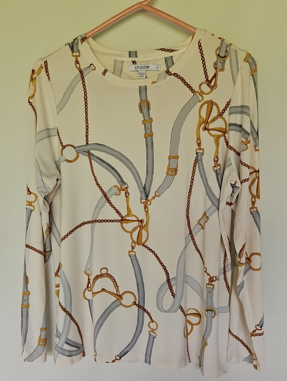 Chico's Long-Sleeve Cream Equestrian Chain Horse Bit Print Top Vintage Size 2/L